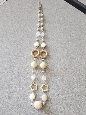 Women’s Cream Bead and Wood Ring Necklace
